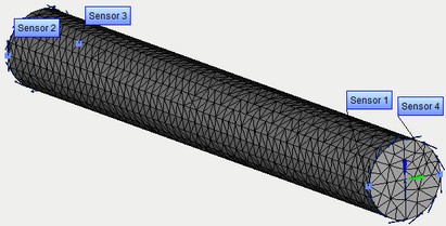 Torsion of a shaft under the action of two torques, the finite element model with applied loads and restraints