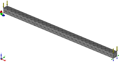 Deflection of a Beam under a Uniformly Distributed Load, the finite element model with applied loads and restraints